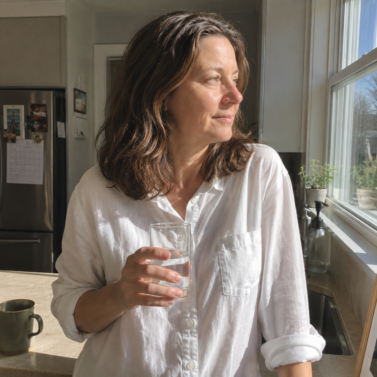 The same woman, 30 days later, standing at her kitchen window in bright morning light, holding a glass of water and looking out — rested and calm.