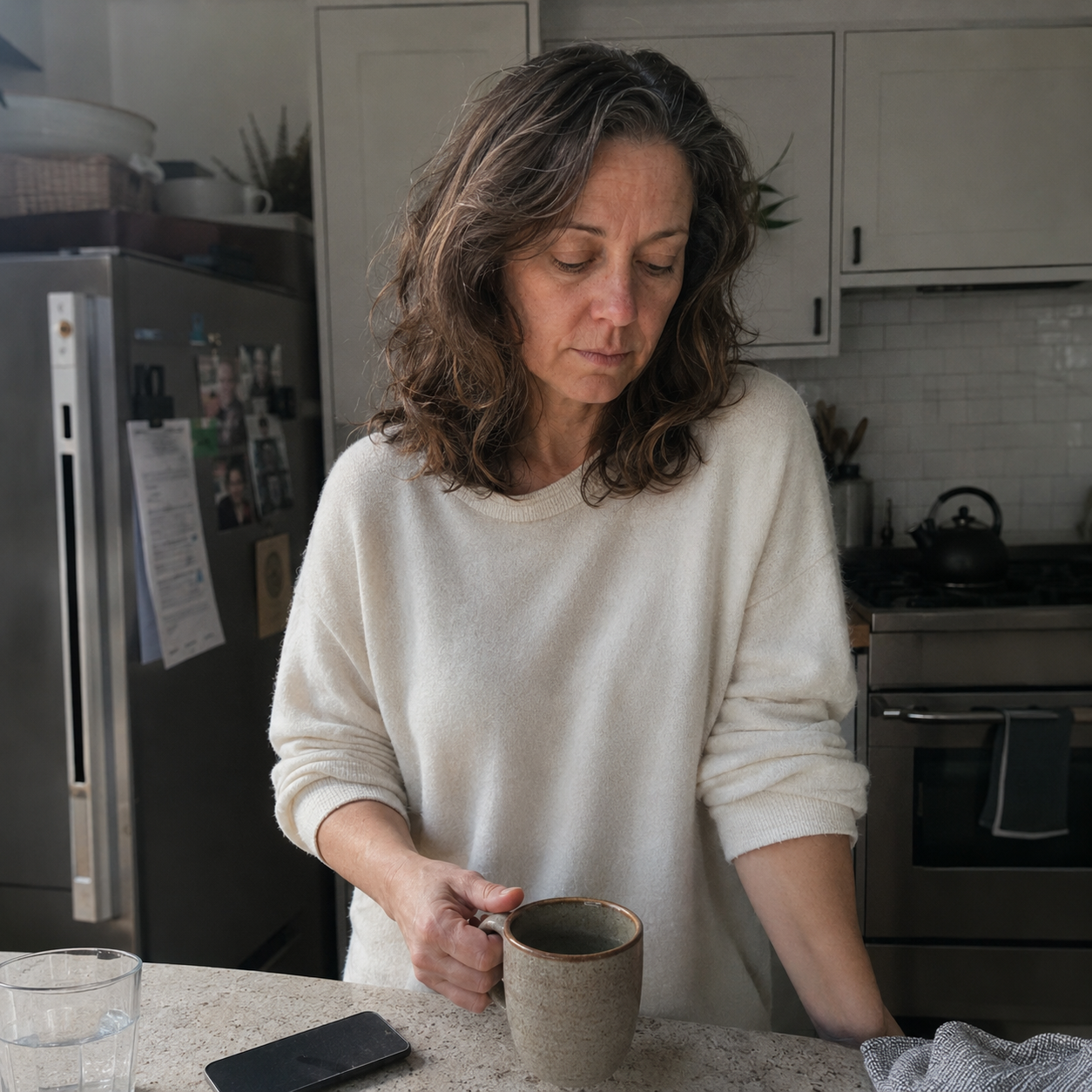A woman in her late forties standing at her kitchen counter in soft morning light, looking thoughtfully down at a stoneware mug.