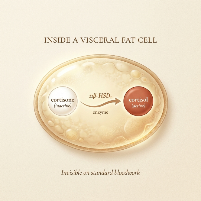 Inside a visceral fat cell, the enzyme 11β-HSD1 converts inactive cortisone into active cortisol — invisible on standard bloodwork.