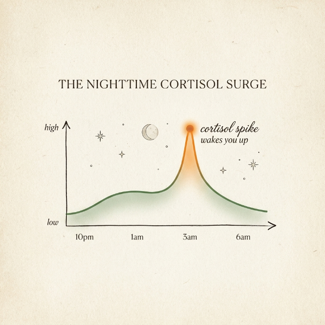 The nighttime cortisol surge — a line chart showing the cortisol spike around 3 AM that wakes you up.