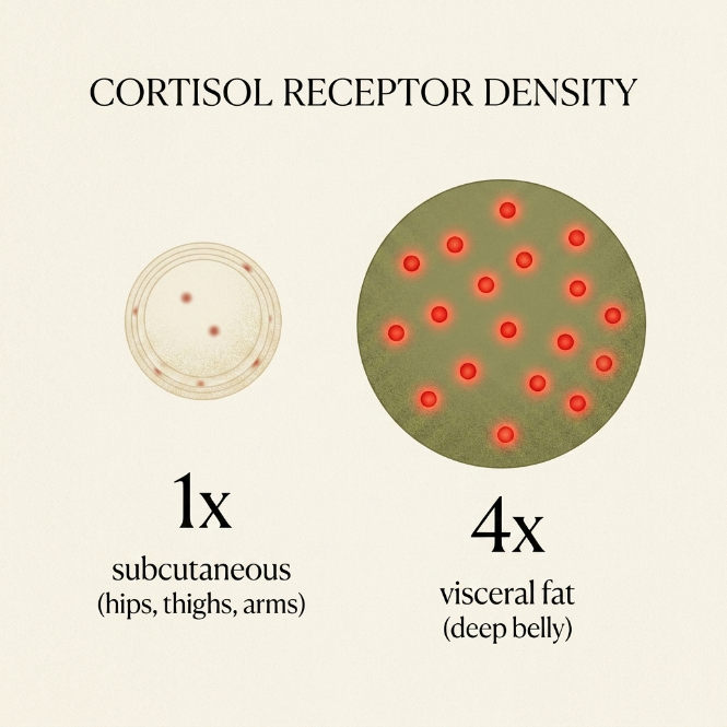 Cortisol receptor density: visceral belly fat has 4× the cortisol receptors of subcutaneous fat in the hips, thighs, or arms.