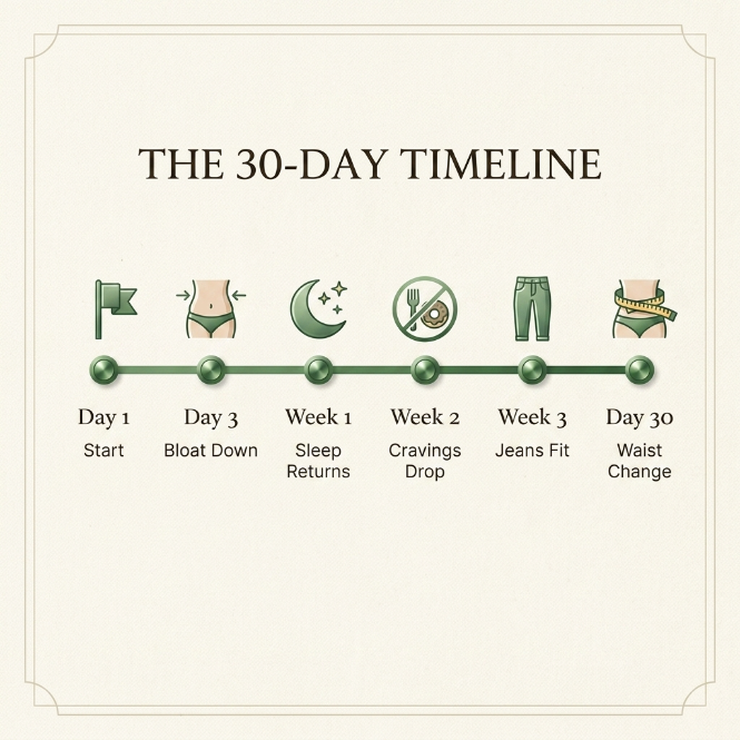 The 30-day timeline: Day 1 Start, Day 3 Bloat Down, Week 1 Sleep Returns, Week 2 Cravings Drop, Week 3 Jeans Fit, Day 30 Waist Change.